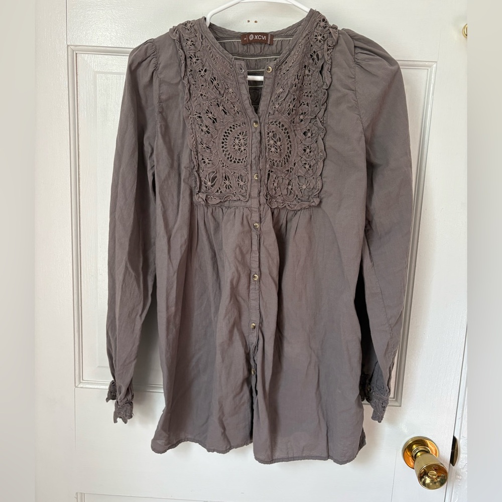 XCVI Button-Down Long Sleeve Crochet Lace Blouse Grey Charcoal Taupe, Small (S)